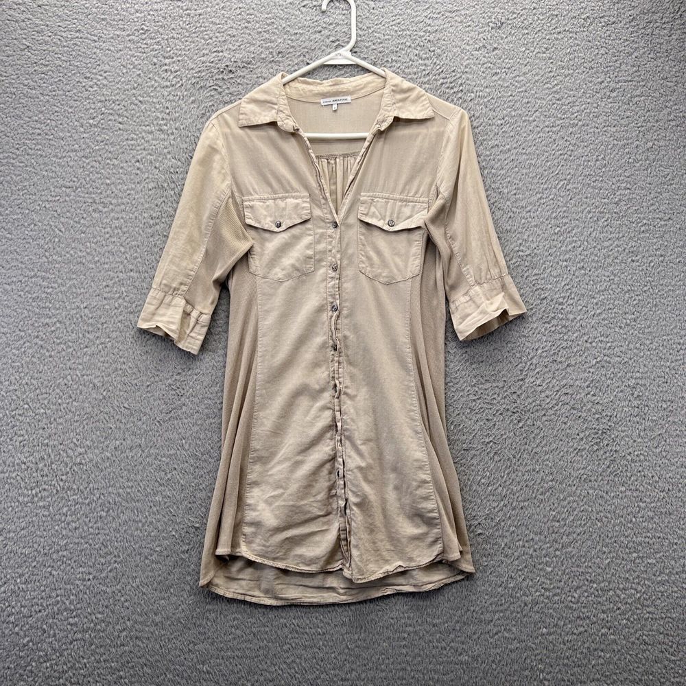 James Perse Standard Contrast Ribbed Panel 3/4 Sleeve Button Down Shirt 2 Tan